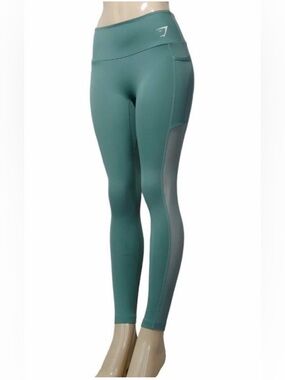 Gym Shark Jade Green Side Mesh Panel Pocket Workout Leggings Sz M